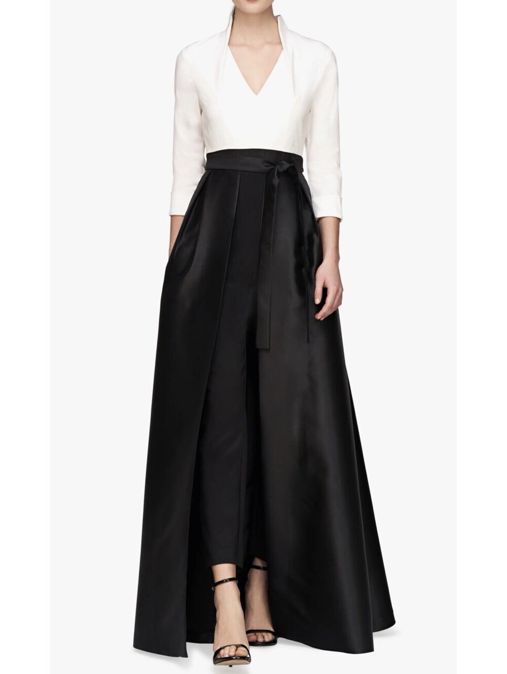Kay Unger Sharon Tie Belt Three-Quarter Sleeve Satin Maxi Jumpsuit Size 6 $348